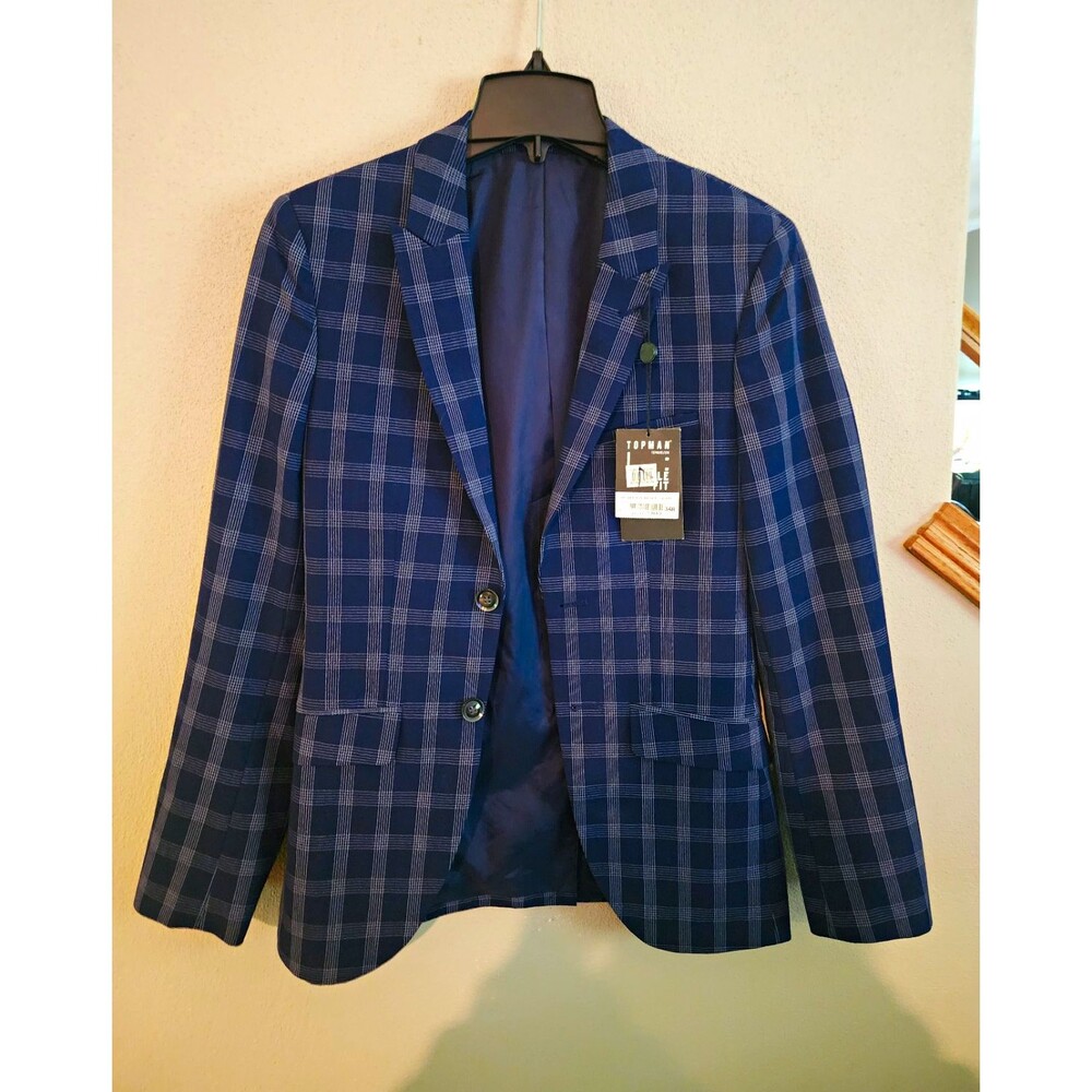 TOPMAN Men’s Navy Blue Plaid Check Suit Jacket Blazer 34R Preppy Sport Coat NWT